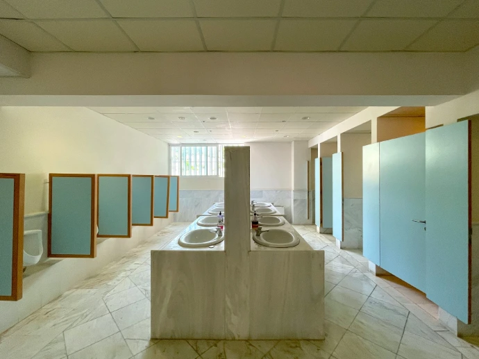 Row of sinks and stalls in a public restroom.